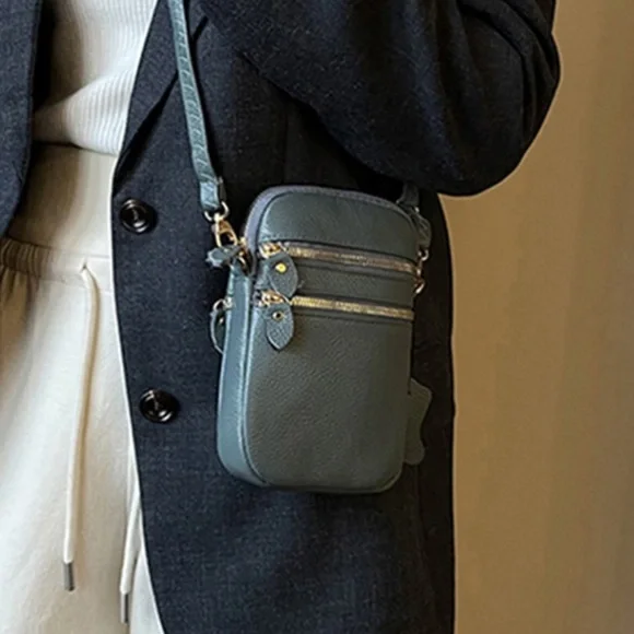 Genuine Leather Crossbody Phone Bag Womens NWT Blue Multi Pocket Travel - Picture 3 of 6